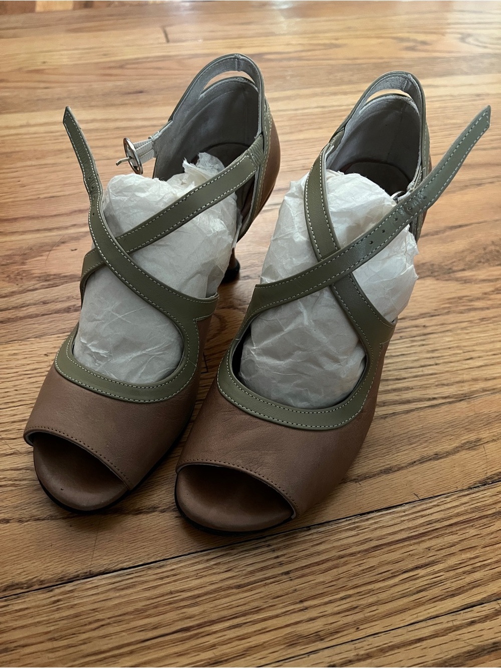 John Fluevog Brown and Olive Crisscross Peep-Toe Heels